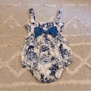 Blue and White Toile Baby Bubble Romper with Bow